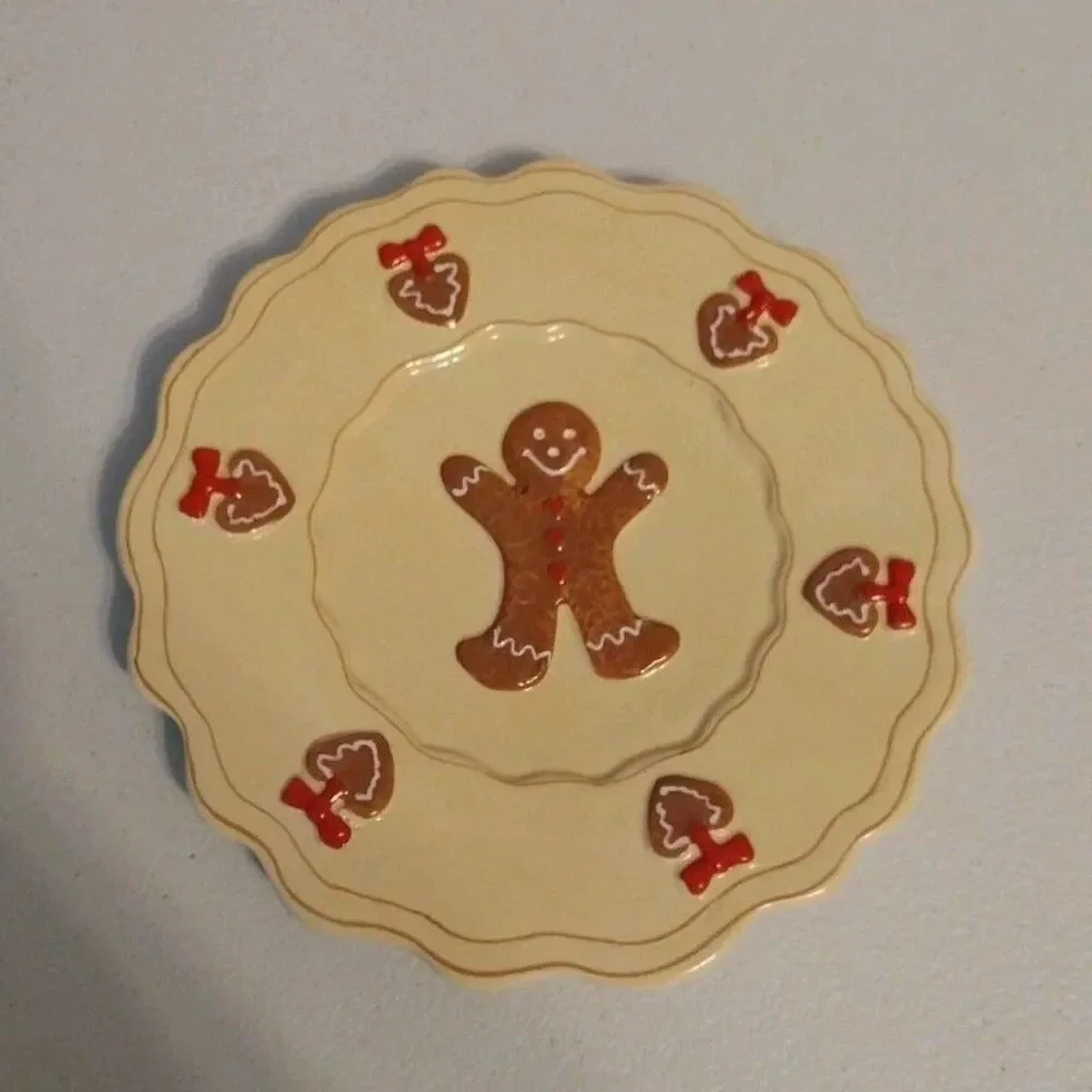 Gingerbread Man Ceramic Candle Shade Topper & Matching Plate Christmas Decor